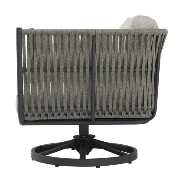 Gray outdoor chair with a white cushion on a white background