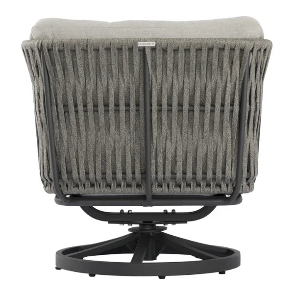 Gray woven outdoor swivel lounge chair with a black metal swivel base and light gray cushioned seat, shown on a white background.