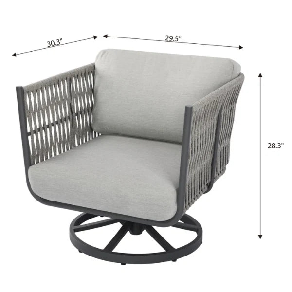 Gray outdoor swivel armchair with woven rope-style sides and light gray cushions, shown with dimension arrows and labels.