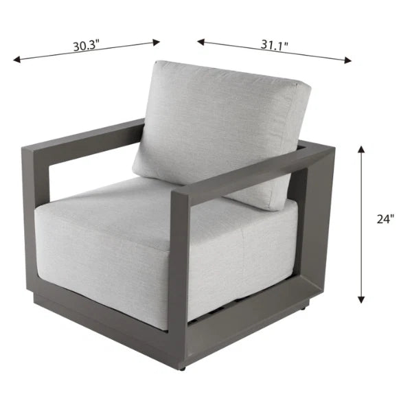 Lounge chair with gray cushions and dimensions labeled on a white background
