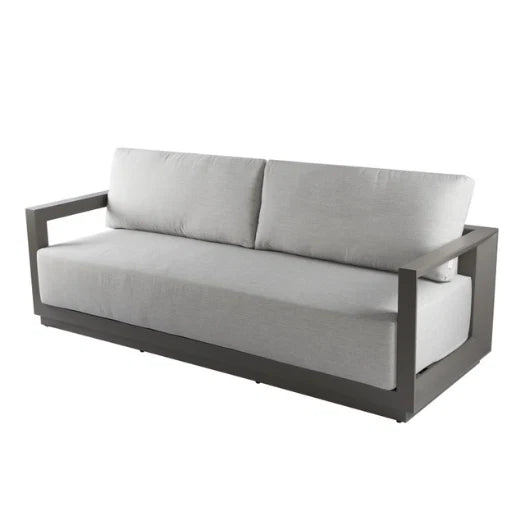 Gray outdoor sofa with cushions on a white background