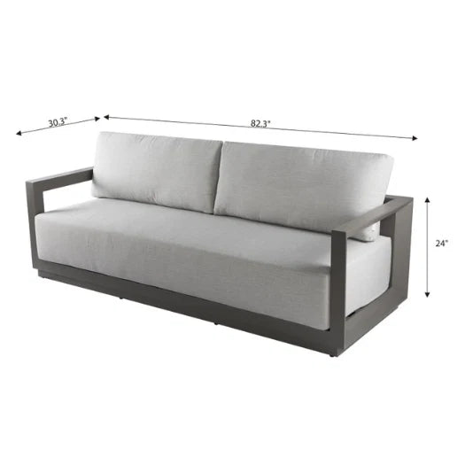Gray outdoor sofa with white cushions and dimensions labeled on a white background