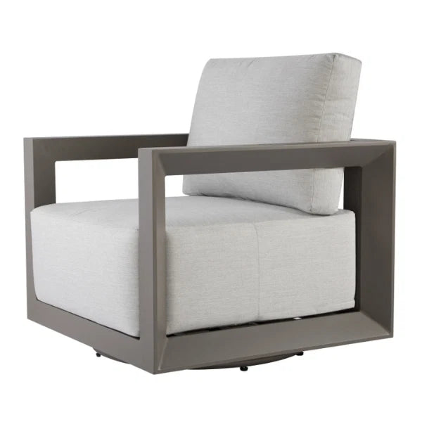 Modern swivel chair with gray frame and white cushions on a white background