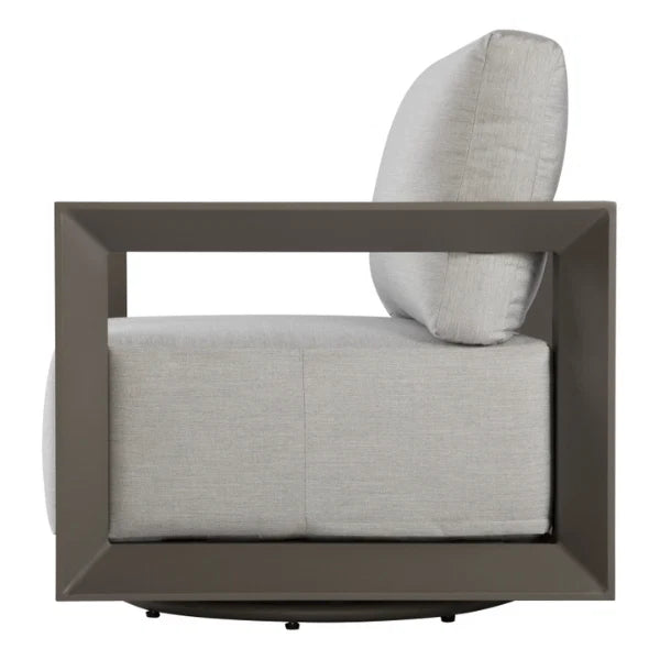 Side view of a swivel chair with a gray aluminum frame on a white background