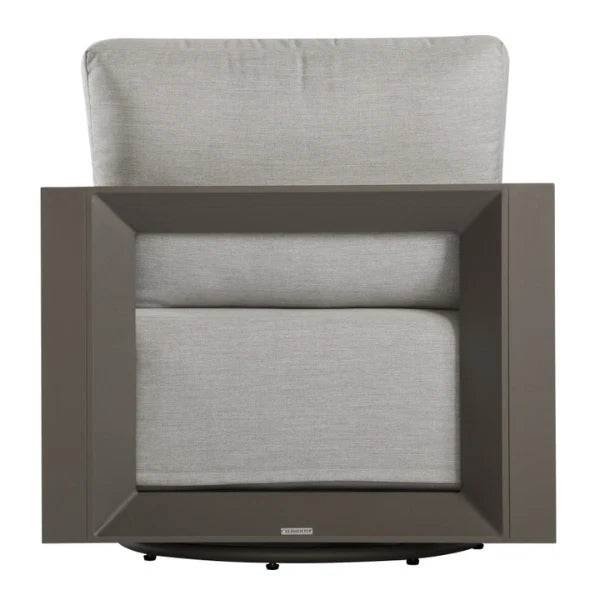A modern swivel armchair with a light gray textured fabric upholstery and a dark gray geometric frame, shown against a plain white background.