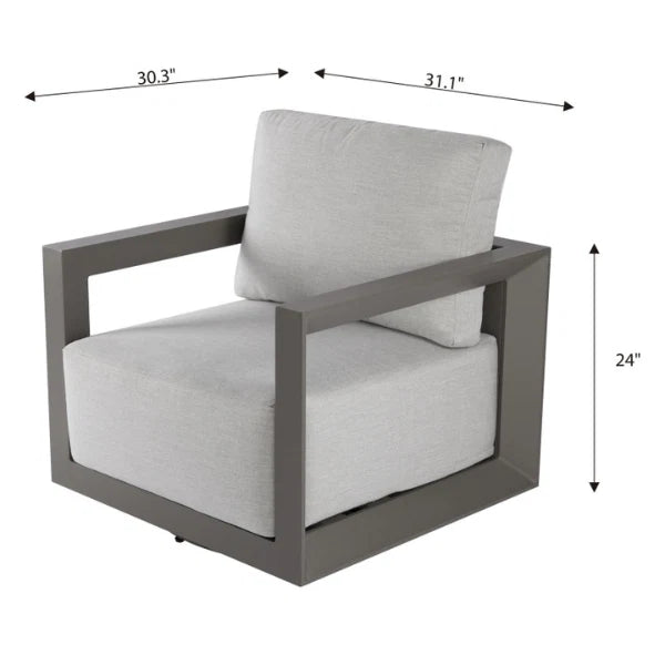Gray swivel armchair with white cushions and dimensions labeled on a white background