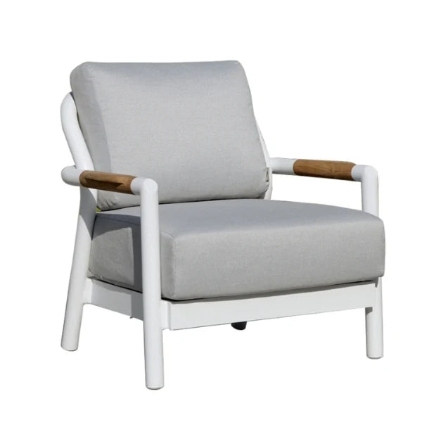 A modern outdoor armchair with light gray textured cushions, a white frame, and natural wood armrest accents, shown on a solid white background.