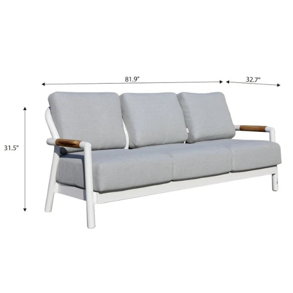 Gray sofa with dimensions labeled on a white background
