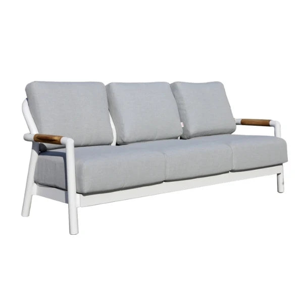 Three-seater sofa with gray cushions and wooden armrests on a white background