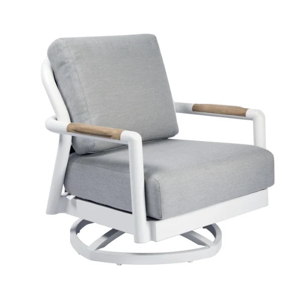 Gray cushioned chair with white frame and wooden armrests on a white background