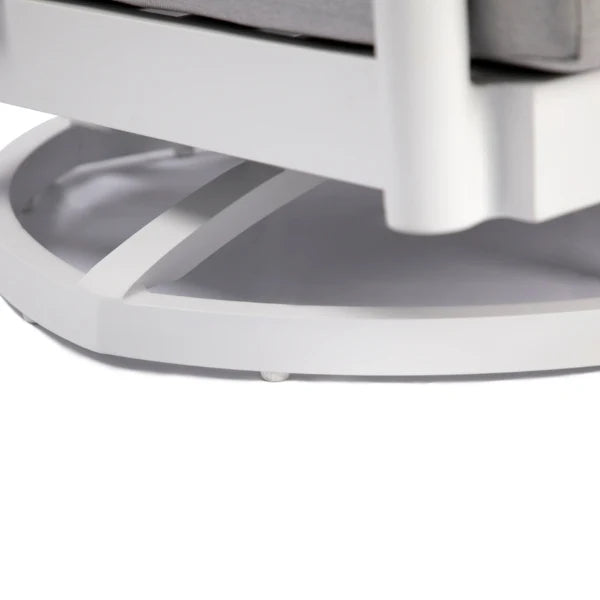 Close-up detail of a modern white outdoor chair base and frame with a light gray cushion, shown against a white background.