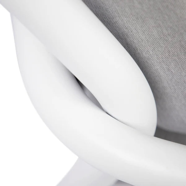 Close-up detail of a modern white chair frame with a gray textured fabric seat cushion.
