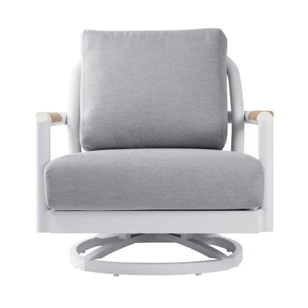 A modern outdoor swivel lounge chair with a light gray textured fabric cushion on a white frame with light wood arm accents and a circular swivel base, shown on a white background.