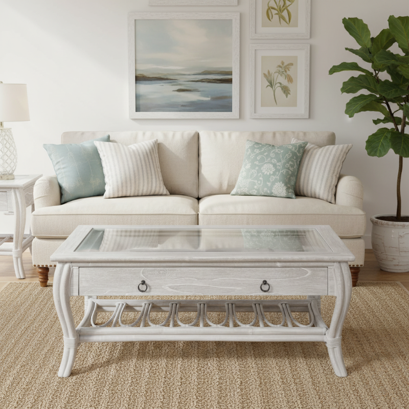 Alexander & Sheridan Cuba Rattan Indoor Cocktail Table with Glass Top and Drawer