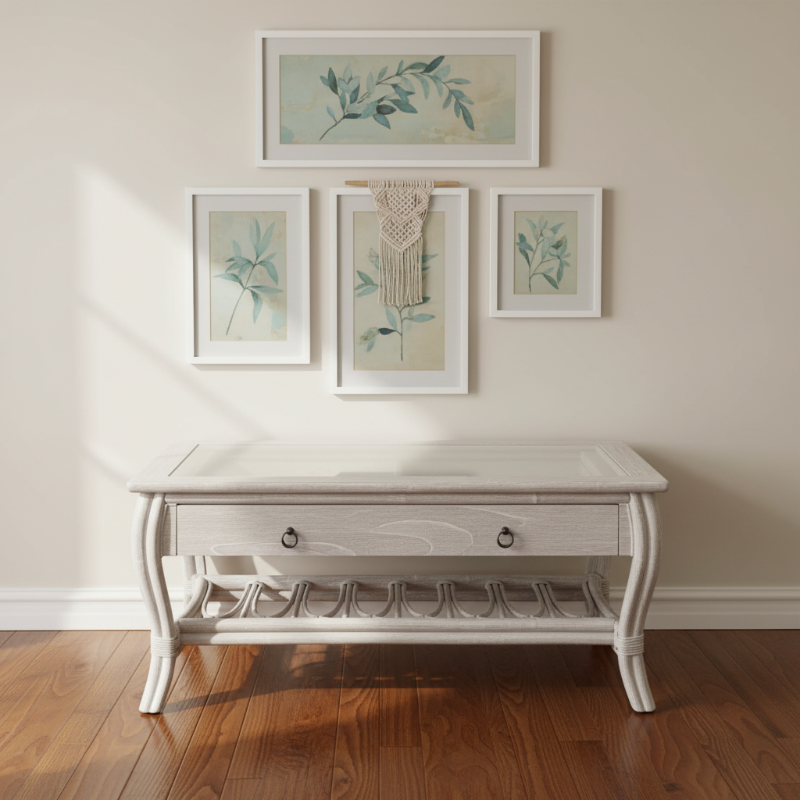 Alexander & Sheridan Cuba Rattan Indoor Cocktail Table with Glass Top and Drawer