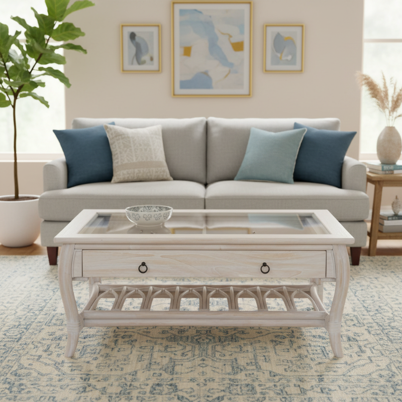 Alexander & Sheridan Cuba Rattan Indoor Cocktail Table with Glass Top and Drawer