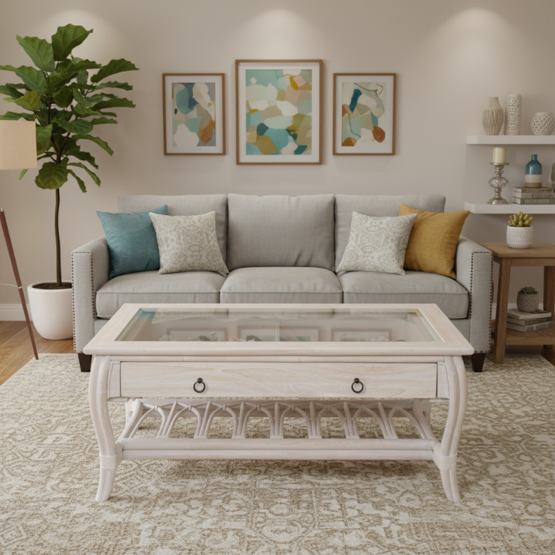 Alexander & Sheridan Cuba Rattan Indoor Cocktail Table with Glass Top and Drawer