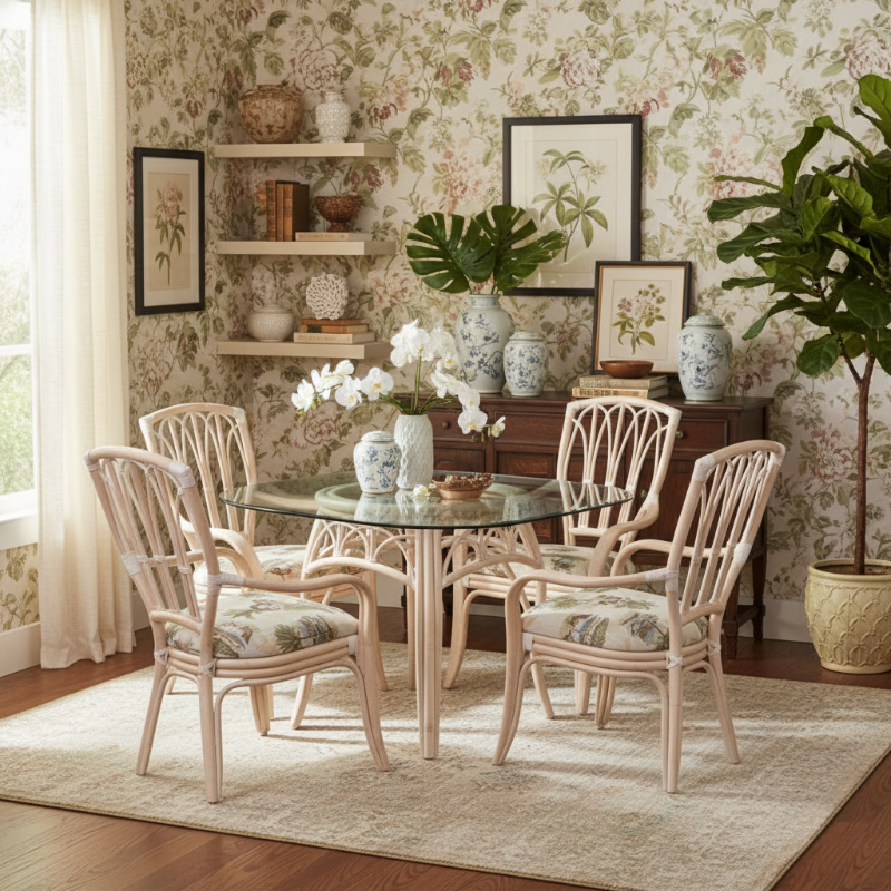 Alexander & Sheridan Cuba Rattan Indoor 4-Person Dining Set with Dining Armchairs and Cushions