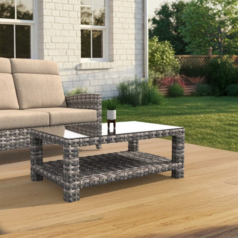 Forever Patio Cavalier Wicker Rectangular Coffee Table with Shelf & Glass Top