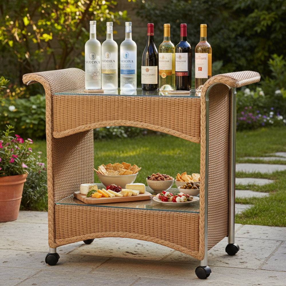 Lloyd Flanders Loom Wicker Outdoor Castered Bar Cart