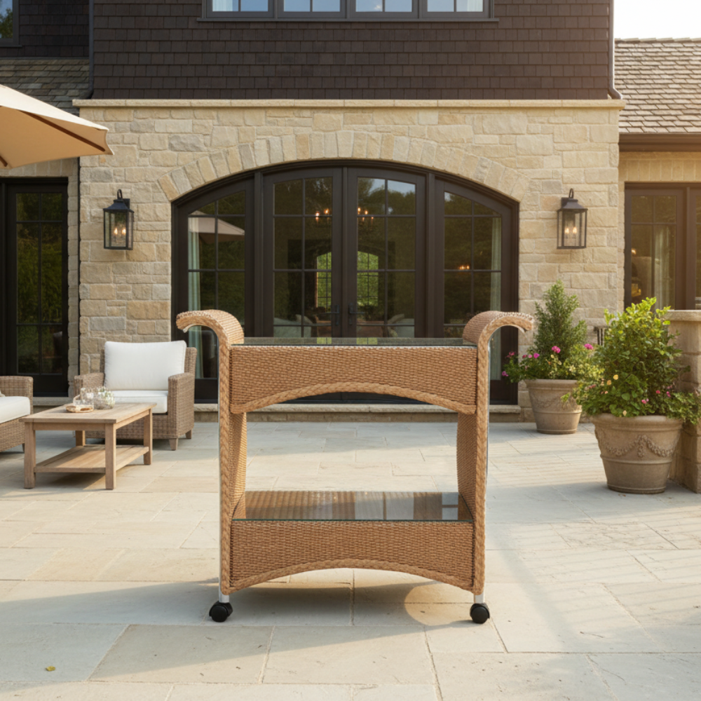 Lloyd Flanders Loom Wicker Outdoor Castered Bar Cart