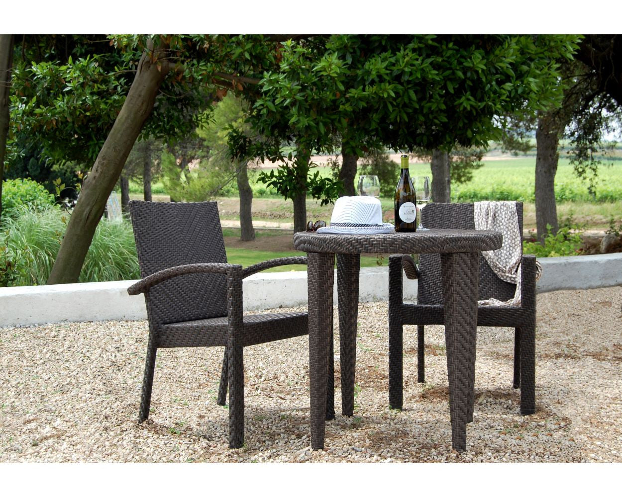 Hospitality Rattan Soho 3 PC Dining Arm Chair Bistro Group with Cushions
