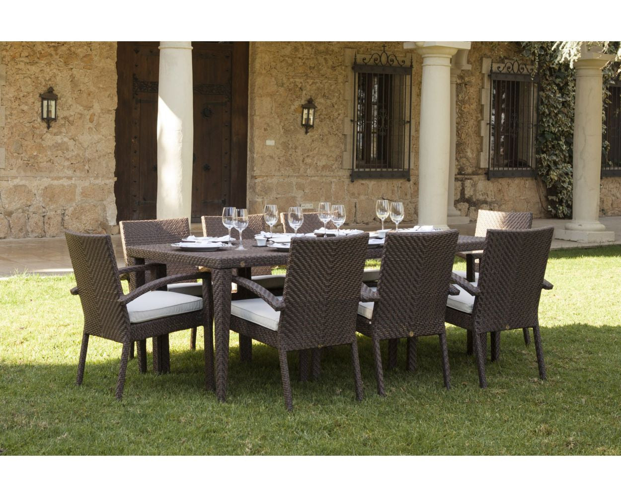 Hospitality Rattan Soho 9 PC Rectangular Dining Arm Chair Group