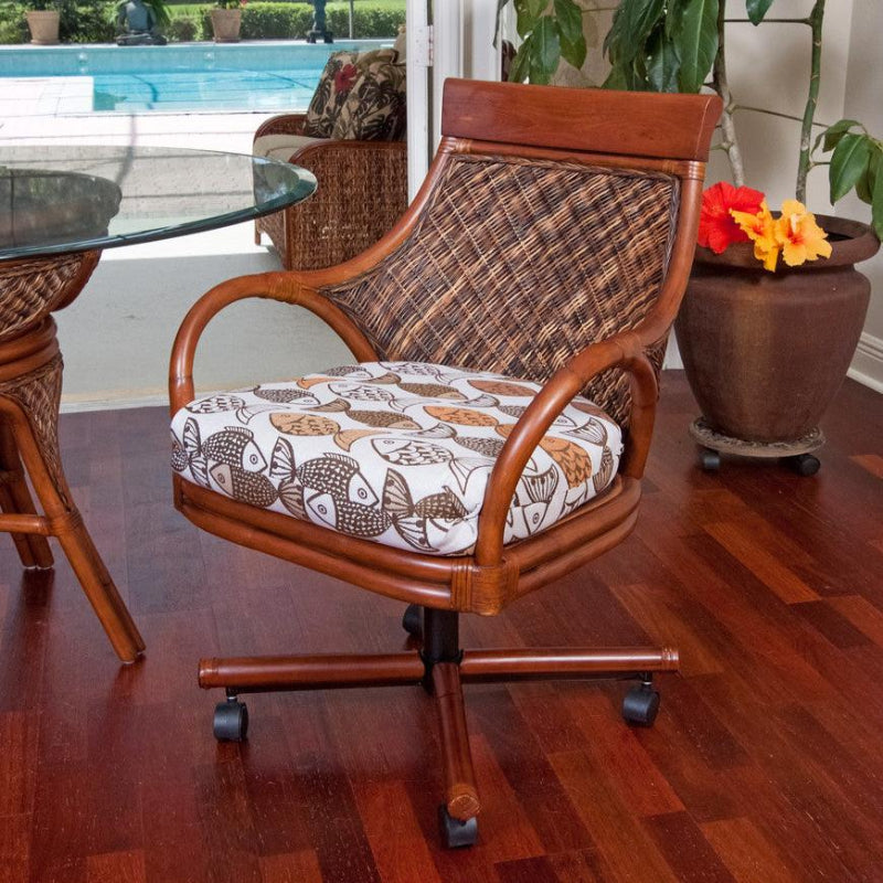 Alexander & Sheridan Bermuda Natural Rattan Indoor Tilt Swivel Caster Dining Chair with Cushion