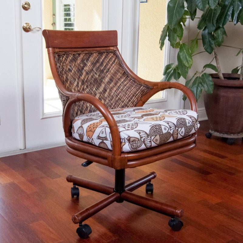 Alexander & Sheridan Bermuda Natural Rattan Indoor Tilt Swivel Caster Dining Chair with Cushion