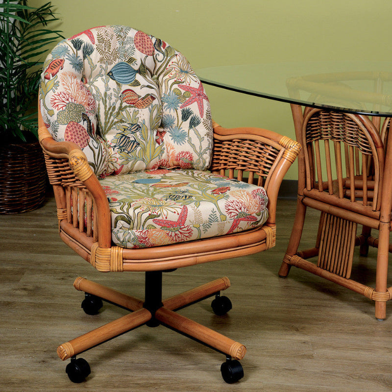 Alexander & Sheridan Bridgeport Natural Rattan Indoor Tilt Swivel Caster Dining Chair with Cushion