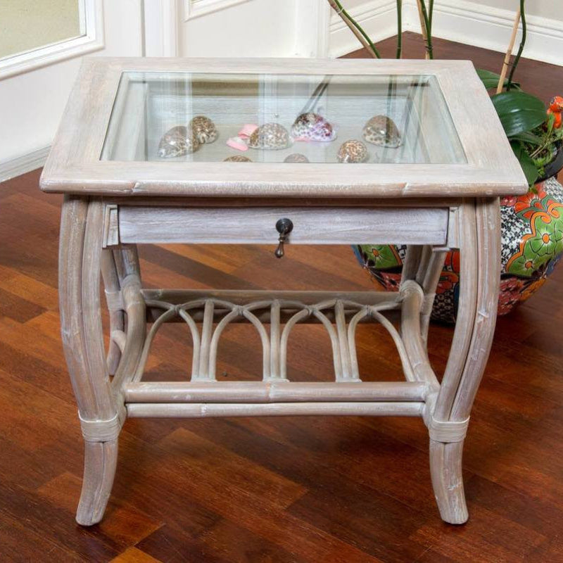 Alexander & Sheridan Cuba Rattan Indoor End Table with Glass Top and Drawer