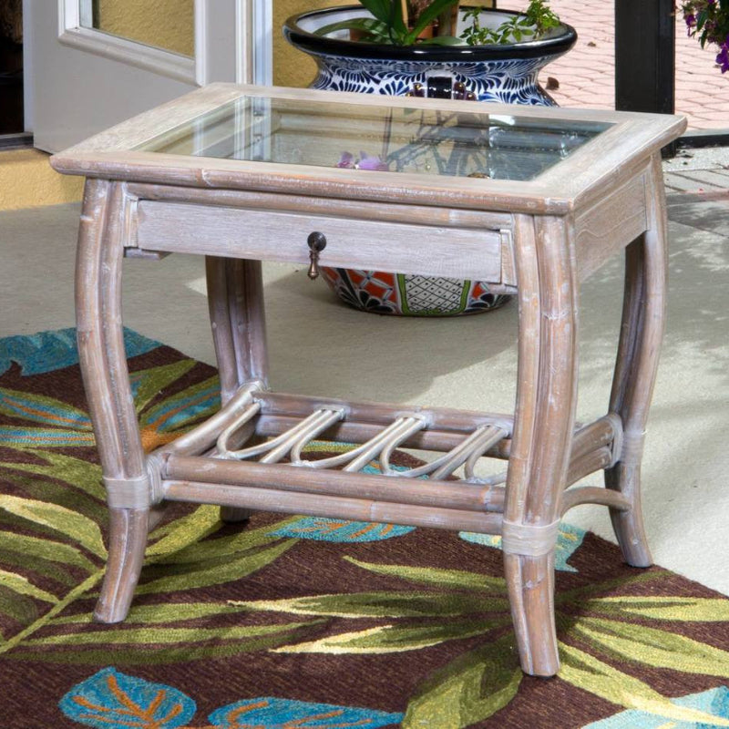 Alexander & Sheridan Cuba Rattan Indoor End Table with Glass Top and Drawer