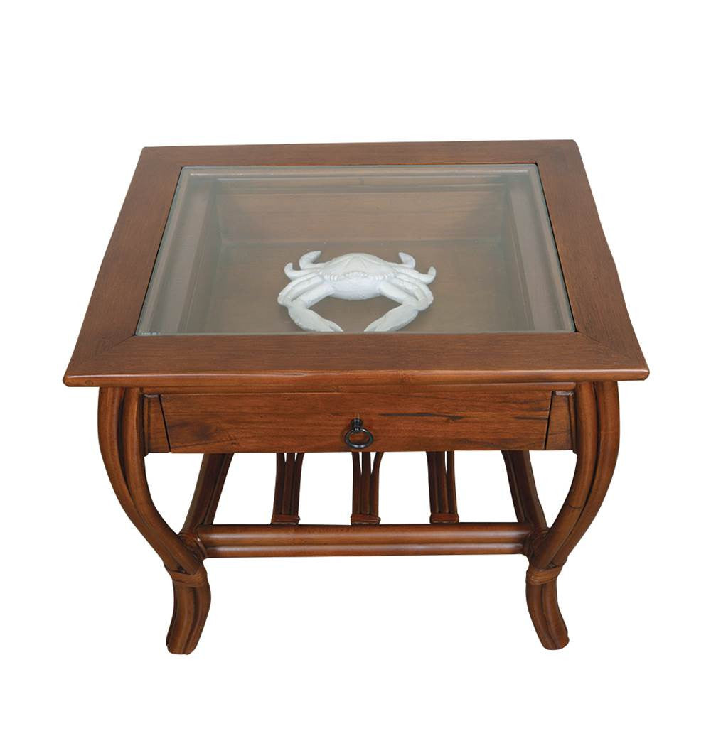 Alexander & Sheridan Cuba Rattan Indoor End Table With Glass And Drawer