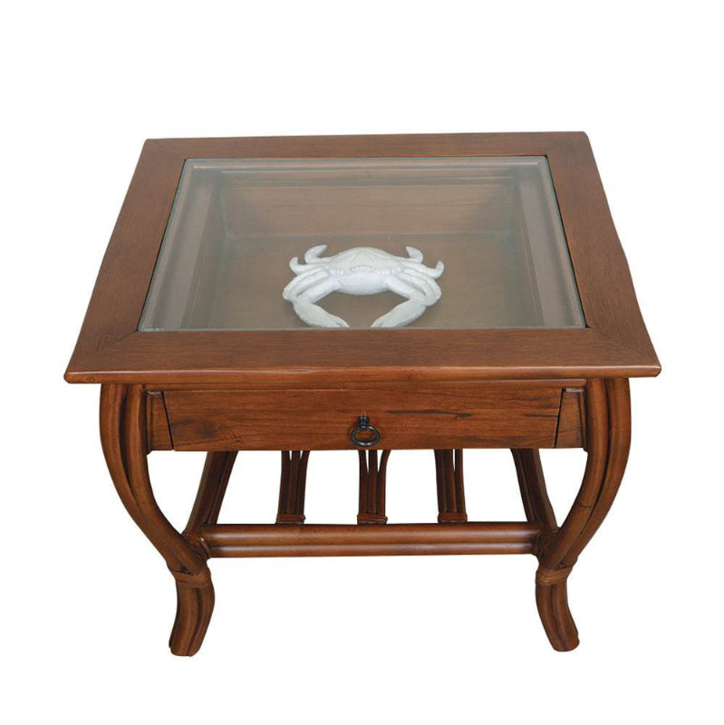 Alexander & Sheridan Cuba Rattan Indoor End Table with Glass Top and Drawer