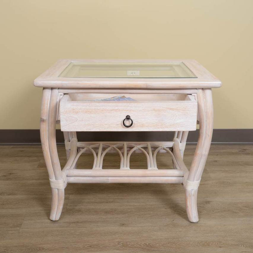 Alexander & Sheridan Cuba Rattan Indoor End Table with Glass Top and Drawer