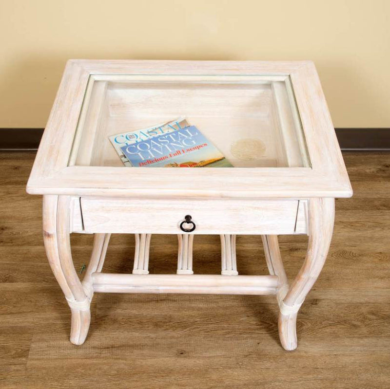 Alexander & Sheridan Cuba Rattan Indoor End Table with Glass Top and Drawer