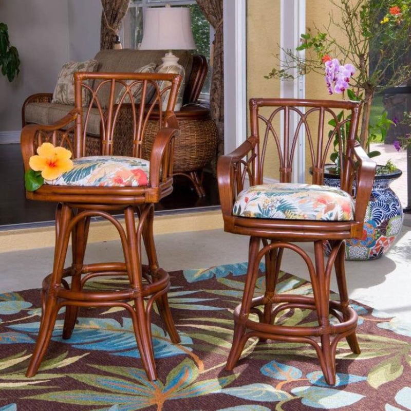 Alexander & Sheridan Cuba 24" Rattan Indoor Bar Stool with Arms and Cushion