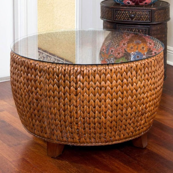 Alexander & Sheridan Key Largo Rattan Indoor Round Cocktail Table With Glass