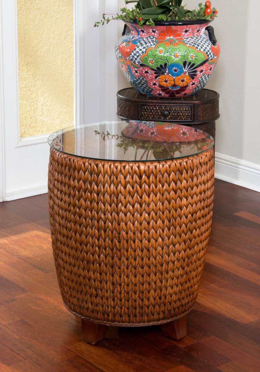 Alexander & Sheridan Key Largo Rattan Indoor Round End Table With Glass