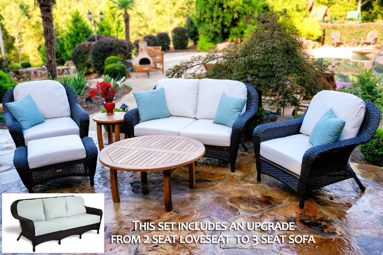 Tortuga Outdoor Sea Pines Resin Wicker with Round Teak Tables Patio Furniture Set With Sofa