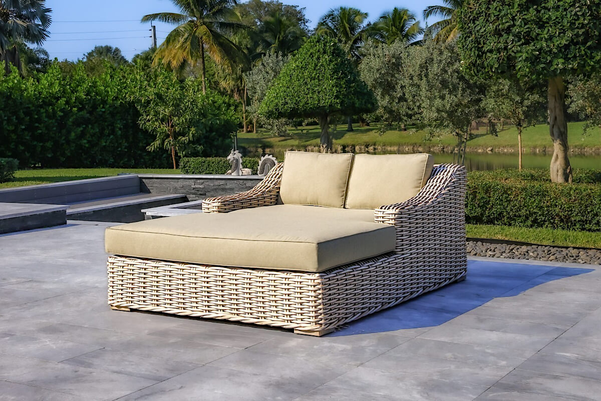 OUTSY Anna 79 X 59 Inch Outdoor Wicker Aluminum Frame Extra Large Double Sun Lounger in White and Grey - front view