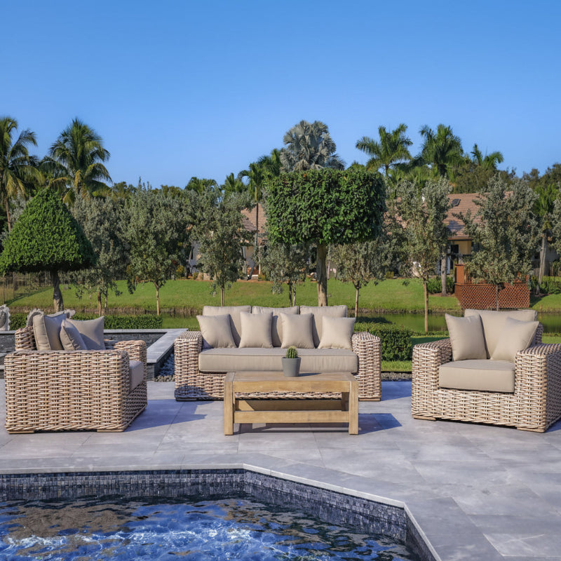 OUTSY Anna LUX 4-Piece Outdoor Wicker Aluminum Frame Furniture Set with Wood Coffee Table in White Grey - front view