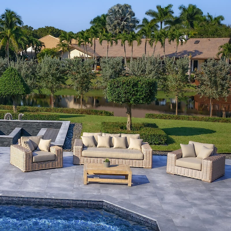 OUTSY Anna LUX 4-Piece Outdoor Wicker Aluminum Frame Furniture Set with Wood Coffee Table in White Grey - with round sun lounger