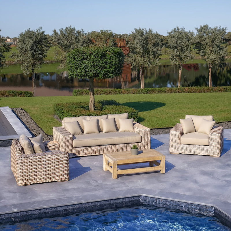 OUTSY Anna LUX 4-Piece Outdoor Wicker Aluminum Frame Furniture Set with Wood Coffee Table in WhiteGrey