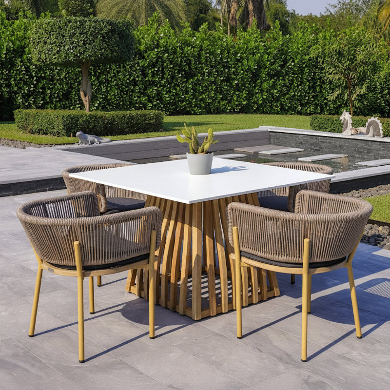 OUTSY Melina Outdoor Wood, Aluminum and Rope Dining Chair, Milk and Coffee Legs (Set Of 2) - with table