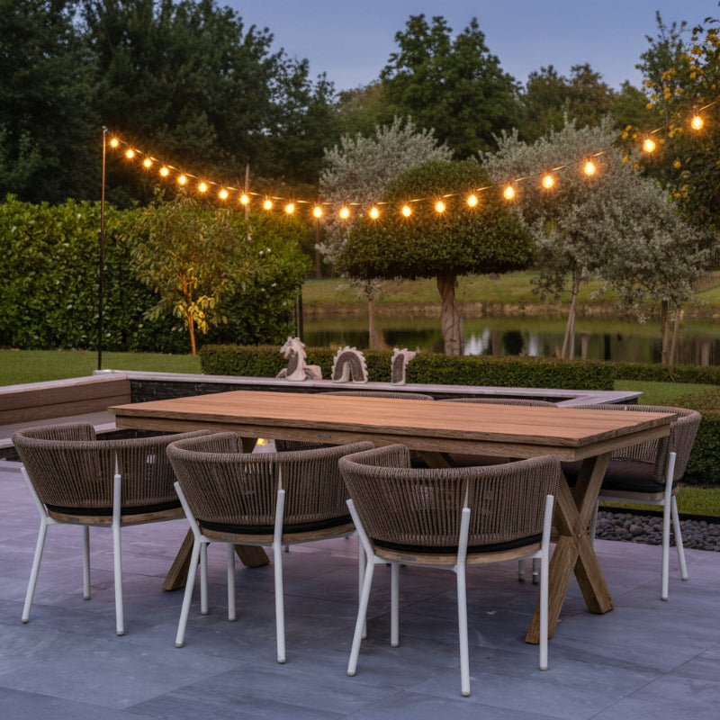 OUTSY Melina Outdoor Wood, Aluminum and Rope Dining Chair, White Legs (Set Of 2) - with rectangle table