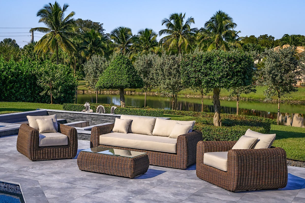 OUTSY Milo LUX 4-Piece Outdoor and Backyard Extra Deep Seating Wicker Aluminum Frame Furniture Set with Wicker Coffee Table in Brown - left side view