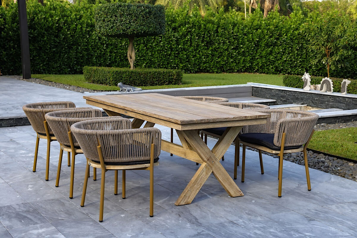 Outsy Santino + Melina 7-Piece Outdoor Dining Set - Wood Dining Table and 6 Wood, Aluminum, and Rope Chairs, Milk and Coffee Legs